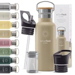 Gourde Inox Isotherme ACTIVE FLASK 1l/500ml sans BPA + Paille (3 Bouchons) | Bouteille d’eau Acier Inoxydable Isolée, Thermos Réutilisable | Camping Velo Sport Running Randonnée Enfant, Café The