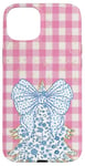 iPhone 15 Plus Cute Pink Checkered Christmas Tree Preppy Xmas Bow Toile Case