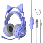 Casque de jeu filaire a oreille de chat a Led professionnel avec micro pour PS4 PS5 Xbox Computer PC Gaming Headset avec clé muette-violet sans boîte de vente au détail