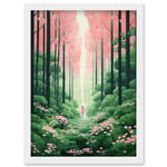 Mount Yoshino Cherry Blossom Tree Forest Bright Artwork Baby Pink Green Walk in Nature Trail Artwork Framed Wall Art Print A4
