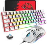 T60 Ensemble Clavier et Souris de Jeu Filaire, Clavier Mécanique 60% Mini 62 Touches, 19 Lumières Arc-en-ciel, UK Layout + Souris de Jeu PS4 6400 DPI + Tapis de Souris pour PC,Mac-Switch Blue/Blanc