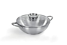 Wok inox 18/10, ø28 cm, capacité 3,75 lt, couvercle avec polomo aroma, fabriqué en Italie