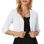 GRACE KARIN Femme Gilet Court Ouverture Boutonnée Cardigan d'Été Ajouré à Manches 3/4 Boléro Ajusté en Maille Haut Tricoté Souple Col en V M Blanc