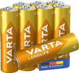 VARTA Piles AA, lot de 8, Longlife, Alcalines, 1,5V, adaptées aux télécommandes, réveils, radios, horloges murales, Made in Germany