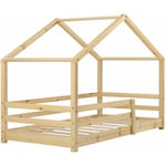 Lit cabane pour enfant forme de maison avec barrière de sécurité en bois de pin couleur naturel 90 x 200 cm