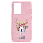 Coque Iphone 12 PRO MAX paillettes rose Skull Bull plumes