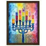 Artery8 Jewish Menorah Candles Multicolour Folk Art Watercolour Painting Artwork Framed A3 Wall Art Print