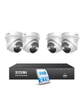 ZOSI 4K NVR 5MP PoE CCTV Security Camera System, 8-Port 16CH NVR with 2TB HDD, 4x5MP Outdoor PoE IP Cameras with Person Vehicle Detection, Color Night Vision, Smart Light Siren,30fps