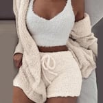 Dam 3st fleece fluffig päls + shorts + kort väst set beige 2XL