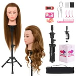 Neverland 28" Tete a Coiffer avec Trepied, 71 cm Tete a Coiffer Professionnelle 60% vrai Cheveux, Tête de Coiffure Têtes d'exercice Cosmétologie avec Support + Ensemble de Tresse + Pince de Table