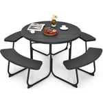 Costway Ensemble De Table Ronde De Pique-Nique Et 4 Bancs, Pour 8 Personnes, Trou Pour Parasol, Pour Patio, Jardin, Noir