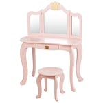 DREAMADE Coiffeuse pour Enfants avec 3 Miroirs Amovible et 1 Tiroir, Table de Maquillage pour Enfants avec Tabouret, Coiffeuse Princesse en MDF et Bois de Pin (Rose,Couronne)