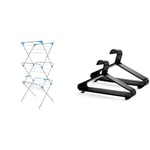 Minky 3 Tier Indoor Airer with Drying Space, Metal, Silver, 15 m & KEPLIN Adult Plastic Coat Hangers - 25pk, Black Colour, Strong Clothes Hangers