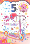 GIRLS 5th BIRTHDAY CARD  WITH BADGE - AGE 5 - SCOOTER, HELMET, FLOWERS, PRESENTS