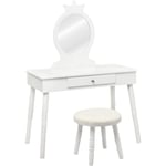 Relax4life - Coiffeuse avec Taboureté pour Enfants avec Tiroir de Rangement et Miroir en Forme de Courone, Table de Maquillage de Style Princesse