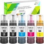 5Pack Compatible 104 Bouteilles d'encre 4500 Pages Noir,7500 Pages CMY pour Epson 104 ET-2710 ET-2711 ET-2712 ET-2714 ET-2715 ET-2720 ET-2721 ET-2726 ET-4700 ET-2810 ET-2815 ET-2820 ET-2821(Q514)