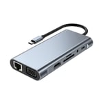 11-i-1 USB-C-dock, USB-hub 3.0, splitter, multiport-adapter, 4K-kompatibel, RJ45, SD/TF, VGA, PD, ljud