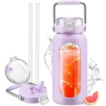 HYDRAGLAZIC 2L Verre Gourde avec paille et marqueur de temps Motivationnel Bouteille avec manchon en silicone Large bouche Borosilicate Cruche d'eau Sans BPA Anti-fuite, Violet