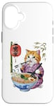 Coque pour iPhone 16 Plus Chat animé mignon en kimono mangeant des ramen Anime drôle