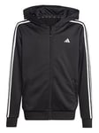 adidas Junior Train Essentials 3 Stripe Full Zip Hoodie - Black/White, Black/White, Size 7-8 Years