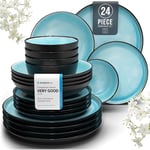 24 Piece Dinner Sets for 6 People - Beautiful Mediterranean Style Stoneware Dinner Set for 6 - Dishwasher & Microwave Safe Plates and Bowls Set for 6 - Dinnerware Sets by Pure Living in Aquamarine