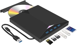 Lecteur et Graveur DVD/CD-ROM Externe USB 3.0 et Type-C avec Lecteur de Carte SD/TF et de USB, CD-RW VCD pour Windows 7/8/10/ Vista/XP/Mac OS, Laptop, Desktops