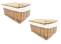 SET OF 2 Lidded Wicker Storage Basket With Lining Xmas Hamper Basket Brown Small 30 x 20 x 11.5 cm