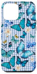 Coque pour iPhone 13 Pro Max Papillons bleus sur plaid bleu ciel avec fleurs vintage