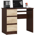 Bureau d'ordinateur AKORD gauche A6 Wengé 90 cm 3 tiroirs façade Chêne Sonoma 1 étagère 90x50x77 cm