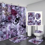 Fashion&Man 16PCS/Set Floral Sugar Skull Shower Curtain Polyester Waterproof Rose Flower Bath Curtain Bathroom Rugs Toilet Lid Cover Skeleton Halloween Decor Gothic Style +12 Hooks, 72"x72", Purple