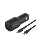 Belkin BoostCharge Dual Car Charger 42W w/Fast Charge USB-C 30W PPS & 12W USB-A Ports + USB-C to USB-C Cable for Apple iPhone 16, 16 Pro, 16 Pro Max, iPhone 15, Samsung Galaxy S24, & More - Black