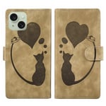 For iPhone 15 Pen Heart Cat Embossed Leather Phone Case(Apricot)