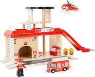 Small Foot 10900 Caserne de pompiers en bois naturel certifié 100% FSC, jeu de rôle avec accessoires,à partir de 3 ans hélicoptère Jouets, multicolore, petit