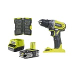 Pack RYOBI Perceuse Visseuse 18V One+ - 1 Batterie LithiumPlus 2,5 Ah 1 Chargeur rapide - R18DD2-0 - Coffret antichocs 40 embouts de vissage - porte-embouts RAK40SD