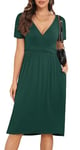 CHANGMU Women's Midi Dresses Ladies Summer Wrap Dress Casual Short Sleeve Frocks with Pockets, Dark Green, Medium