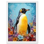 Artery8 King Penguin in Colourful Floral Flowers Nest Thick Paint Oil Painting Yellow Black Blue Colourful Artwork Framed Wall Art Print A4