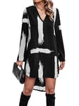 GORGLITTER Women's Graphic Print Long Sleeve Shirt Dress High Low Hem V Neck Short Dress Black and White S