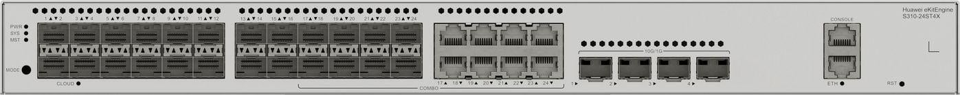 Huawei S310-24ST4X 24xGE SFP ports 8 of which are dual-purpose 10/100/1000 or SFP 4x10GE SFP+ ports built-in AC power eKit