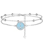 Lydreewam Bracelet de Cheville Ancre Émail Bleu pour Femme Argent Sterling 925 Double Chaînes avec Boules Été Plage Bracelet de Pied, Réglable 22+4cm