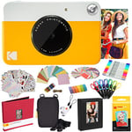 KODAK Printomatic Instant Camera (Yellow) All-In-Bundle + Zink Paper (20 Sheets) + Case + Photo Album + 7 Sticker Sets + Markers + Scissors