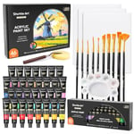 Shuttle Art 46PCS Kit Peinture Acrylique, 30 Couleurs de Peinture Acrylique Tube Inclus 30x12ml de Pigments Non Toxique et Bien Recouvrement, 10 Pinceaux 3 Toiles Peinture, Idéal sur Toile Tissu,Verre