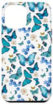 iPhone 14 Pro Max Blue Butterflies on White with Dainty Florals Case