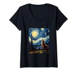 Womens Starry Night Wolf Howling at the Moon van Gogh Painting V-Neck T-Shirt