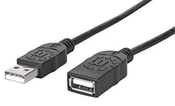 Manhattan USB-A to USB-A Extension Cable, 1.8m, Male to Female, 480 Mbps (USB 2.0), Hi-Speed USB, Black, Lifetime Warranty, Polybag