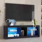 Meuble tv 172 cm, avec éclairage led, compartiments ouverts, étagères réglables en verre, scandinave, meuble salon tele en bois - Noir