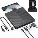 Graveur de CD DVD Externe,USB 3.0 avec 4 Ports USB et 2 lecteurs de Cartes TF/SD,Lecteur CD/DVD Externe Mince pour Ordinateur Portable Mac PC Windows 11/10/8/7 Linux OS avec étui.[P513]