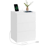 VASAGLE Table de Chevet avec Multiprise, Table d’Appoint avec 3 Tiroirs, 2 Prises CA, 2 Ports USB, Façades de Tiroirs Biseautées, pour Salon, Chambre, Bureau, Moderne, Blanc Nuage LET631W14