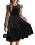 Arshiner Robe en Velours pour Fille Robe Unie à Manches Longues Robe Trapèze Col Rond Manches Bouffantes Robe d'halloween Robe d'hiver Robe de Bal Robe de Soirée Noir 11-12 Ans