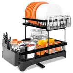 Baodan Dish Drying Rack Large, 2 Tier Kitchen Dish Drainer Rack Space-Saving, 360 Flexible Draining Board Rack for Kitchen Counter - Sink Drainer Rack with Drip Tray, Utensil Holder, Cup Rack