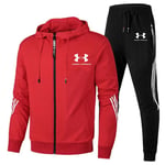 Män Under Armour Sport Huvtröja & Byxor Set Långärmad Hel Dragkedja Hoodie Sweatshirt Jacka + Joggingbyxor Sweatpants Outfit Red XL